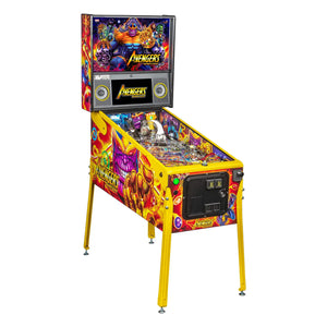 Marvel Avengers-themed pinball machine with a bright yellow frame, colorful comic-style artwork, and multiple character graphics on the cabinet and backbox, shown on a plain white background.
