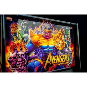 Marvel Avengers: Infinity Wars pinball machine front view, featuring a large colorful graphic of Thanos with the Infinity Stones and other Marvel characters on a black background.